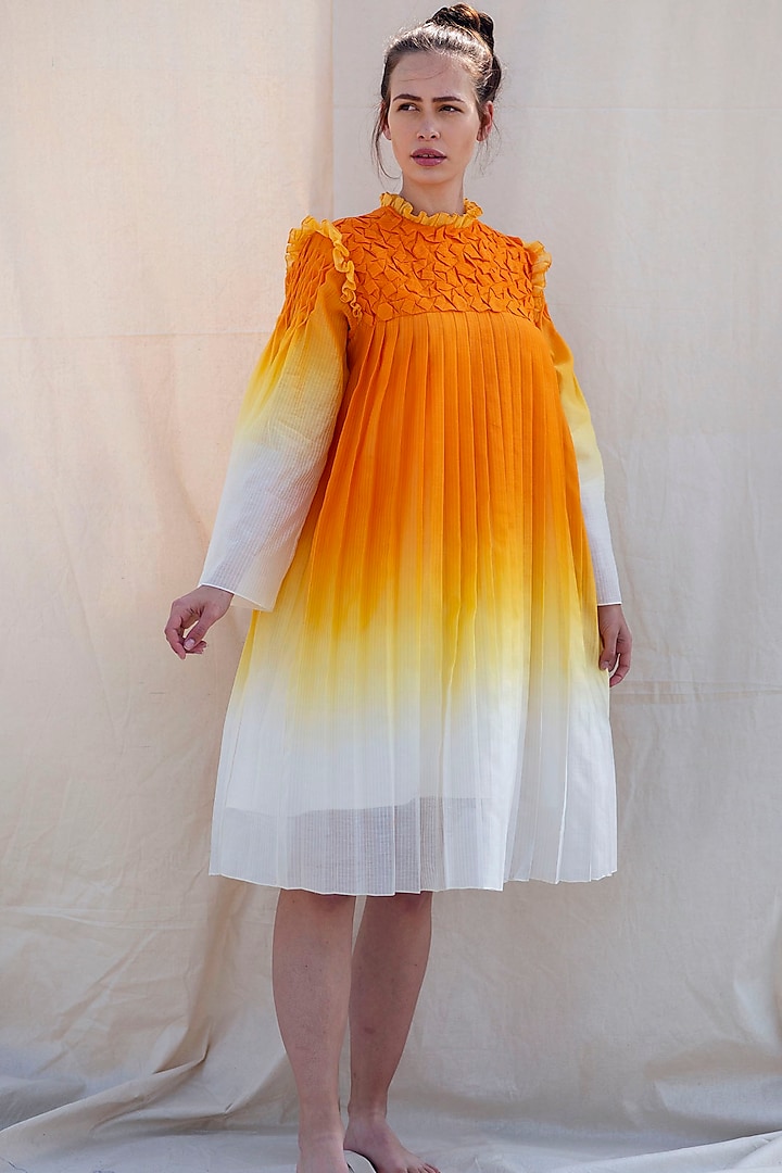 Pumpkin Orange & Off-White Handwoven Ruffled Dress by Raffughar