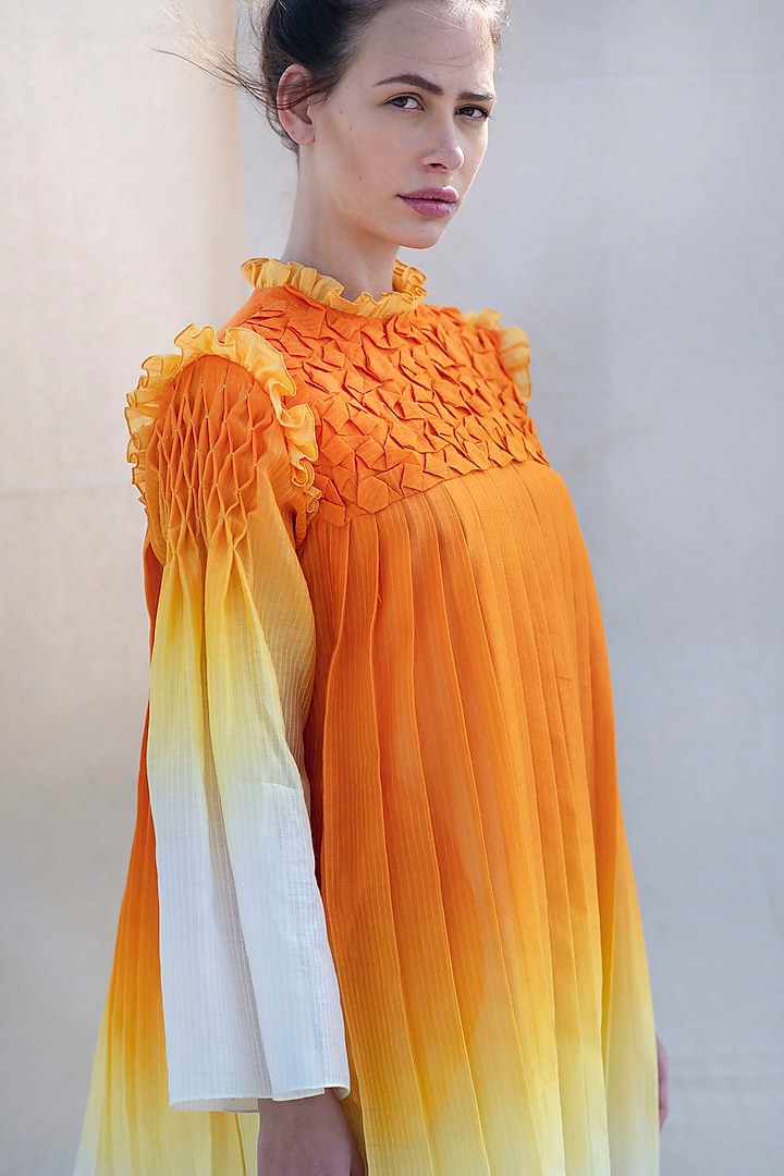 Pumpkin Orange & Off-White Handwoven Ruffled Vacation Dress by Raffughar at Pernia's Pop Up Shop