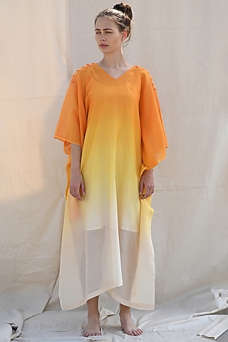 Pumpkin Orange & Off-White Handwoven Kaftan by Raffughar