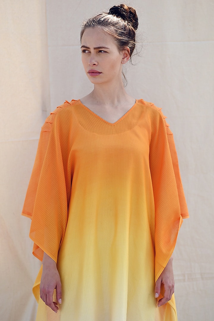 Pumpkin Orange & Off-White Handwoven Kaftan by Raffughar at Pernia's Pop Up Shop