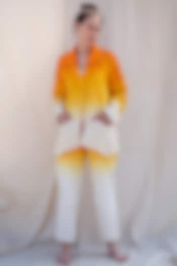 Pumpkin Orange & Off-White Handwoven Jacket by Raffughar