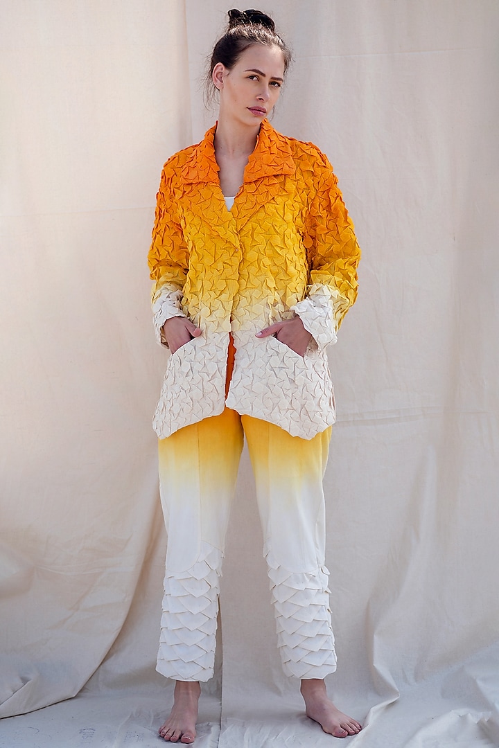 Pumpkin Orange & Off-White Handwoven Jacket by Raffughar