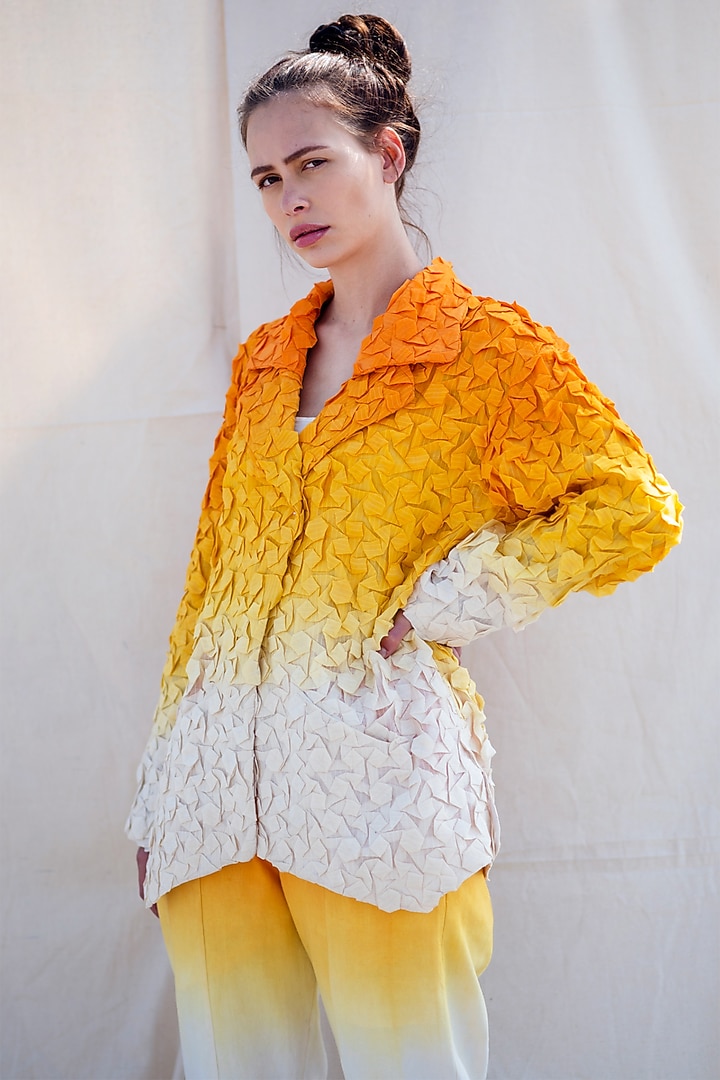 Pumpkin Orange & Off-White Handwoven Jacket by Raffughar at Pernia's Pop Up Shop