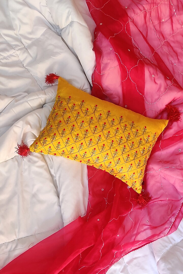Citrus Yellow Cotton Silk Blend Cushion Cover Design by RAFFINEE at