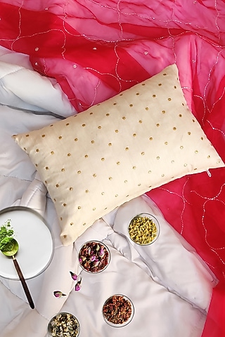 Cream White Cotton Silk Blend Cushion Cover by RAFFINEE