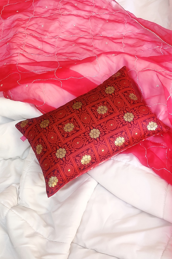 Dark Red Cotton Silk Blend Cushion Cover by RAFFINEE