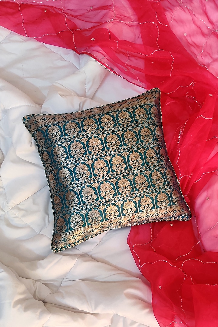 Teal Green Cotton Silk Blend Cushion Cover by RAFFINEE
