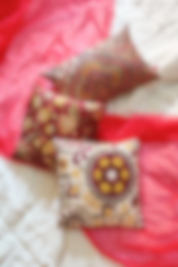 Ivory & Ox-Blood Printed Cushion Covers (Set of 3) by RAFFINEE at Pernia's Pop Up Shop