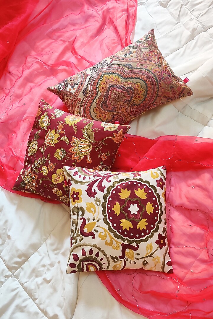 Ivory & Ox-Blood Printed Cushion Covers (Set of 3) by RAFFINEE at Pernia's Pop Up Shop