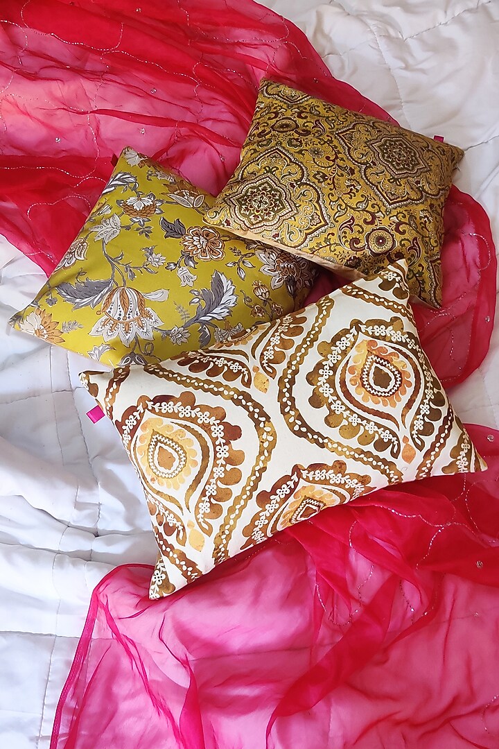 Ivory & Mustard Printed Cushion Covers (Set of 3) by RAFFINEE at Pernia's Pop Up Shop