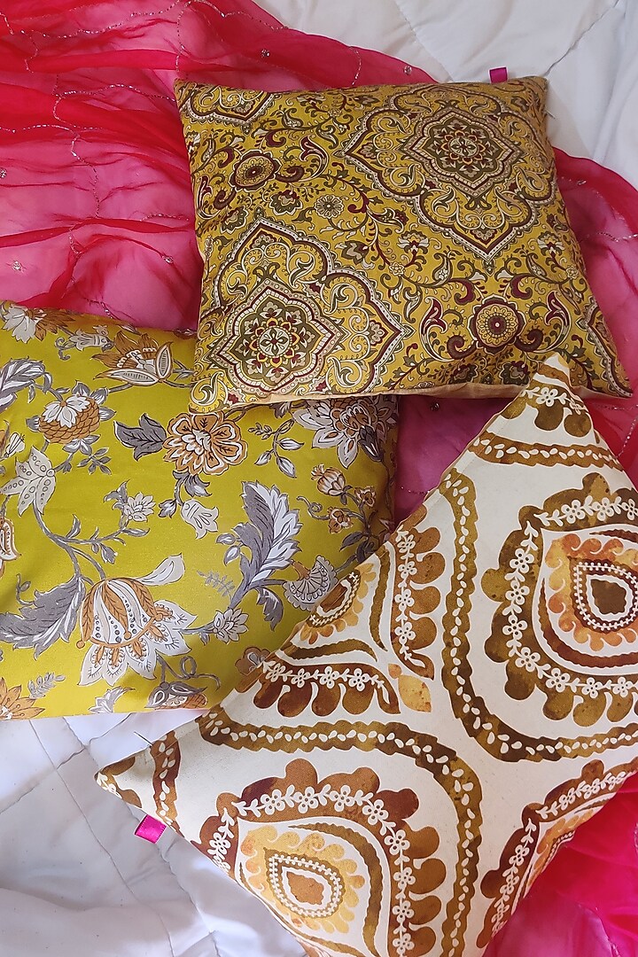 Ivory & Mustard Printed Cushion Covers (Set of 3) by RAFFINEE at Pernia's Pop Up Shop