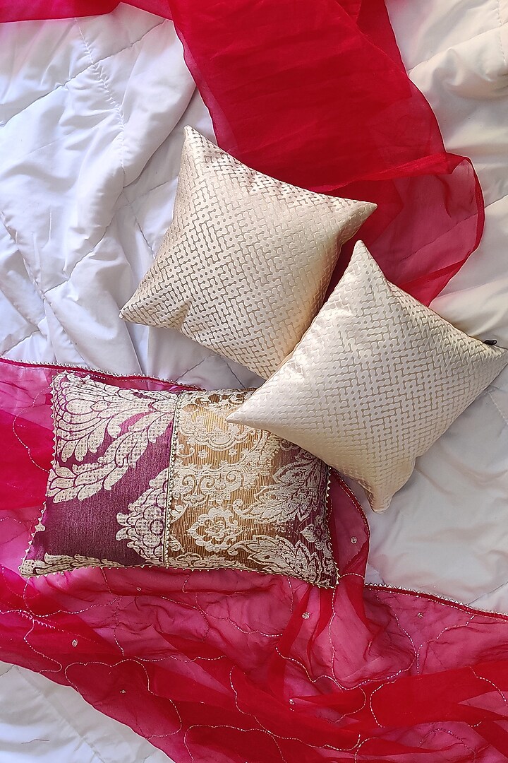 Ivory & Gold Printed Cushion Covers (Set of 3) by RAFFINEE at Pernia's Pop Up Shop