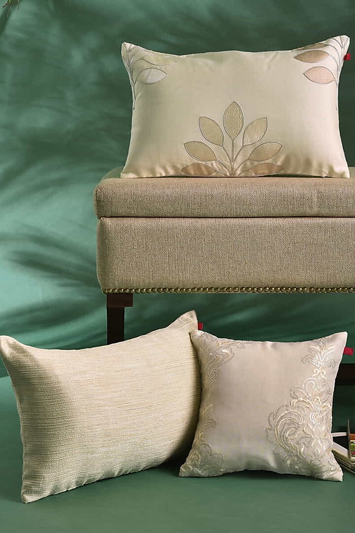 Ivory & Beige Embroidered Cushion Covers (Set of 3) by RAFFINEE