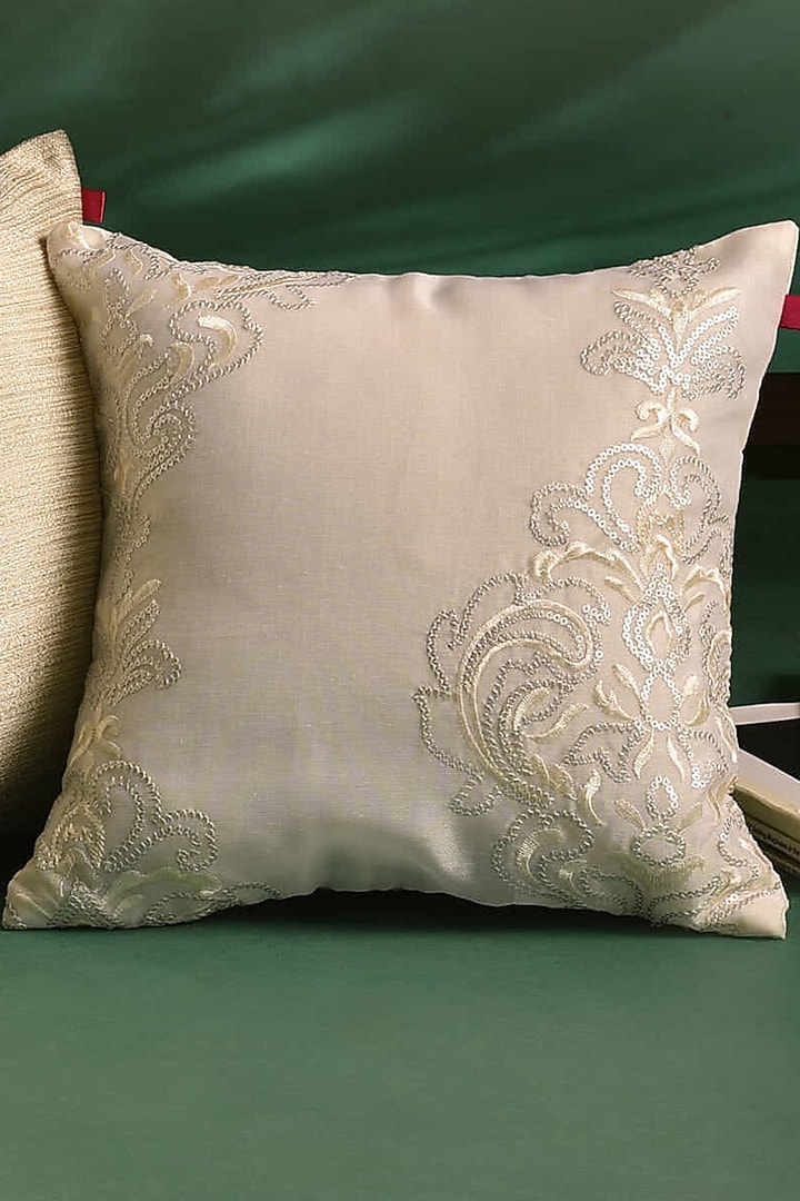 Ivory & Beige Embroidered Cushion Covers (Set of 3) by RAFFINEE at Pernia's Pop Up Shop