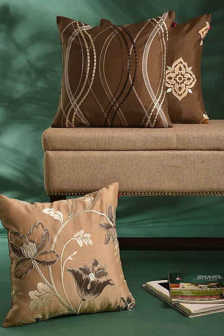 Brown & Beige Embroidered Cushion Covers (Set of 3) by RAFFINEE at Pernia's Pop Up Shop
