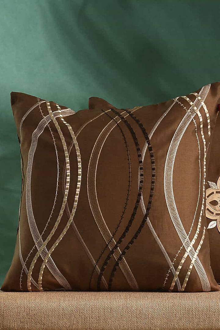 Brown & Beige Embroidered Cushion Covers (Set of 3) by RAFFINEE at Pernia's Pop Up Shop