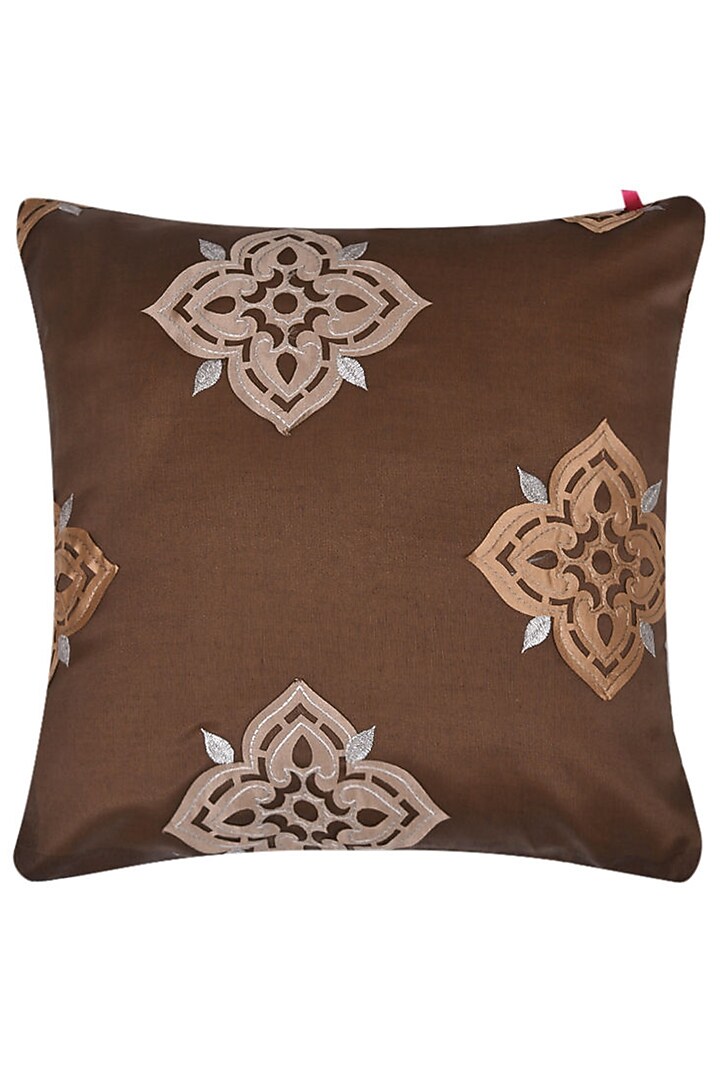 Brown & Beige Embroidered Cushion Covers (Set of 3) by RAFFINEE at Pernia's Pop Up Shop