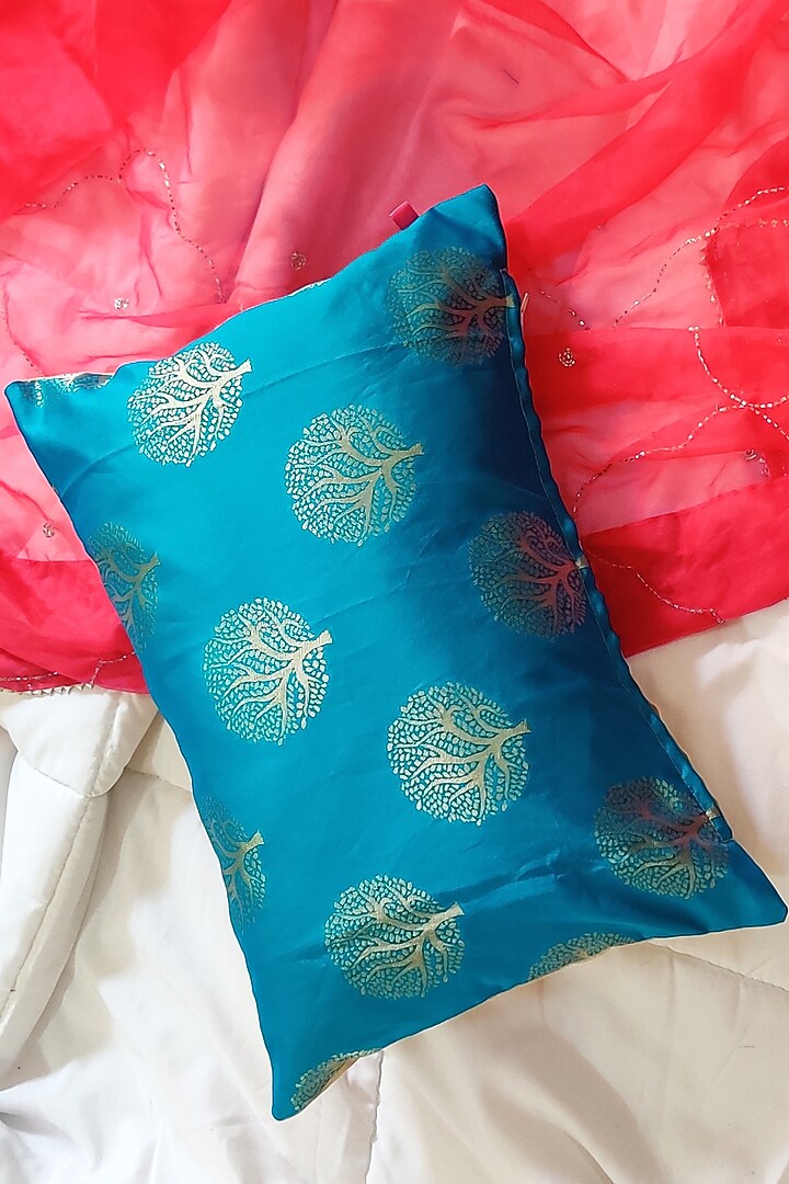 Turquoise Embroidered Cushion Cover Design by RAFFINEE at Pernia's Pop