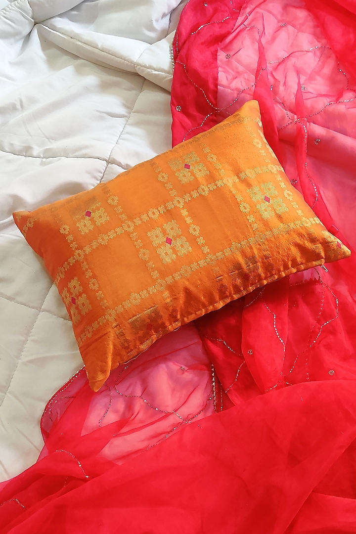 Yellow Cotton Silk Blend Cushion Cover by RAFFINEE