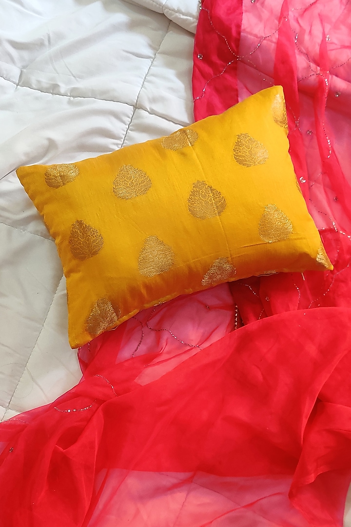 Lemon Yellow Embroidered Cushion Cover by RAFFINEE