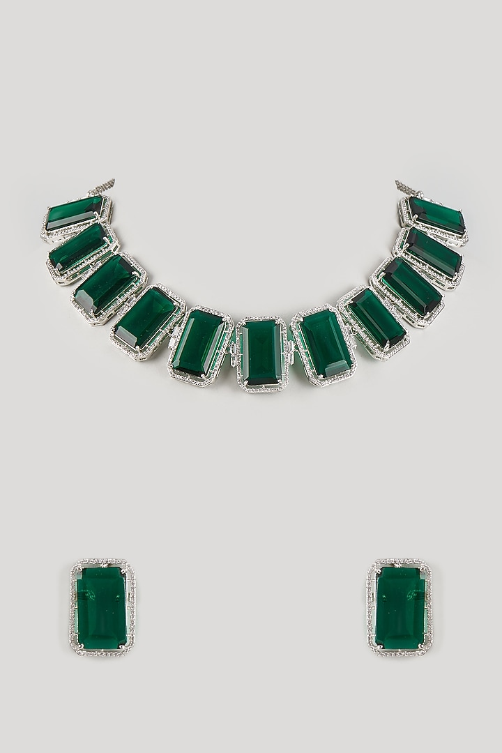 White Finish Emerald Stone Choker Necklace Set by Raga Baubles at Pernia's Pop Up Shop