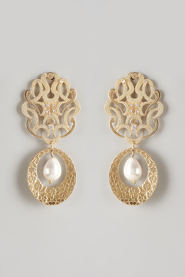 Gold Plated Pearl Motif Dangler Earrings by Raga Baubles