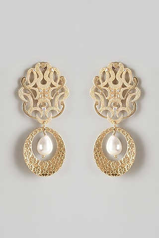 Gold Plated Pearl Motif Dangler Earrings by Raga Baubles