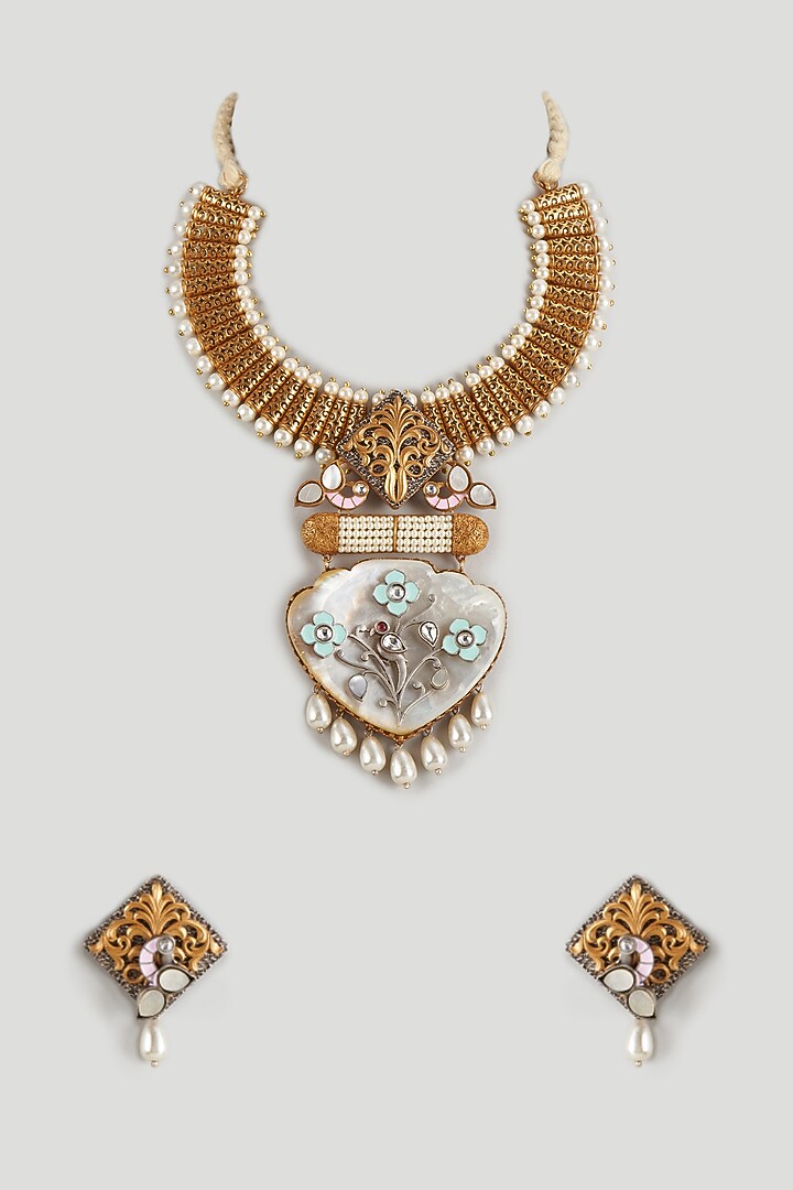 Gold Finish Kundan Polki & Pearl Pendant Necklace Set by Raga Baubles at Pernia's Pop Up Shop
