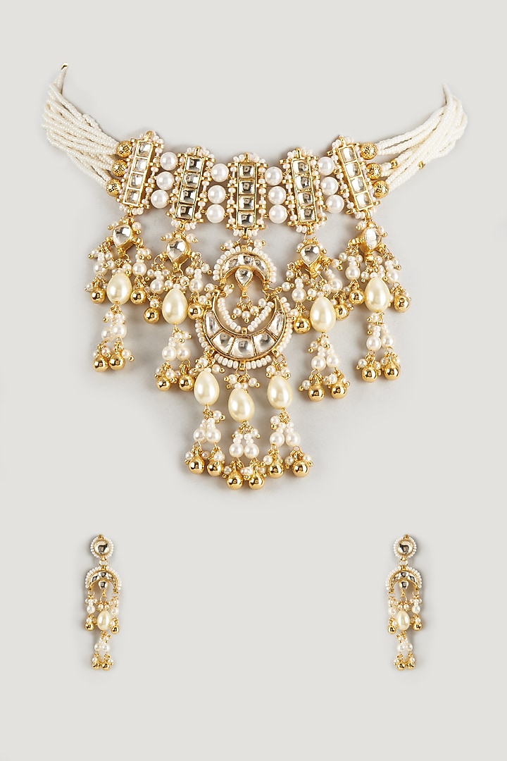 Gold Finish Kundan Polki & Pearl Choker Necklace Set by Raga Baubles at Pernia's Pop Up Shop