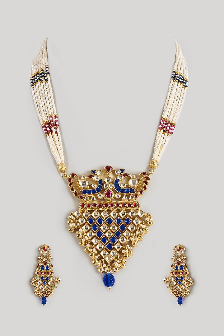 Gold Finish Kundan Polki & Tasseled Choker Necklace Set by Raga Baubles at Pernia's Pop Up Shop