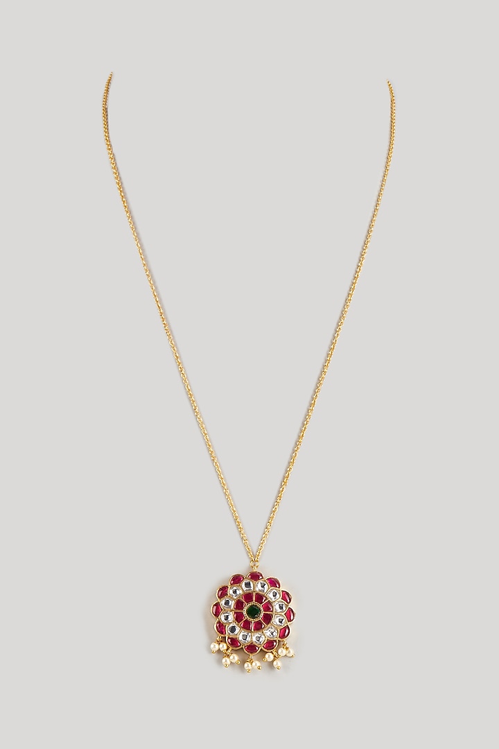 Gold Finish Kundan Polki & Natural Stone Pendant Necklace by Raga Baubles