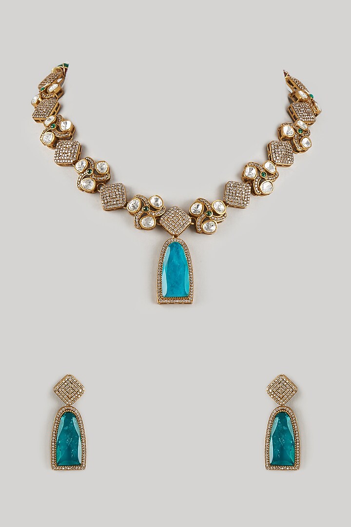 Two-Tone Finish Kundan Polki & Green Stone Necklace Set by Raga Baubles at Pernia's Pop Up Shop