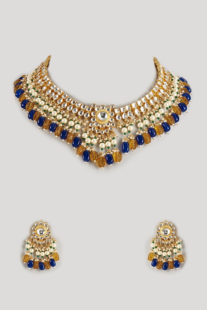 Gold Finish Kundan Polki & Multi-Colored Choker Necklace Set by Raga Baubles at Pernia's Pop Up Shop