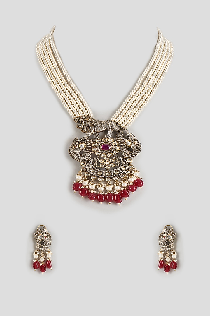 Gold Finish Kundan Polki & Red Beaded Choker Necklace Set by Raga Baubles at Pernia's Pop Up Shop