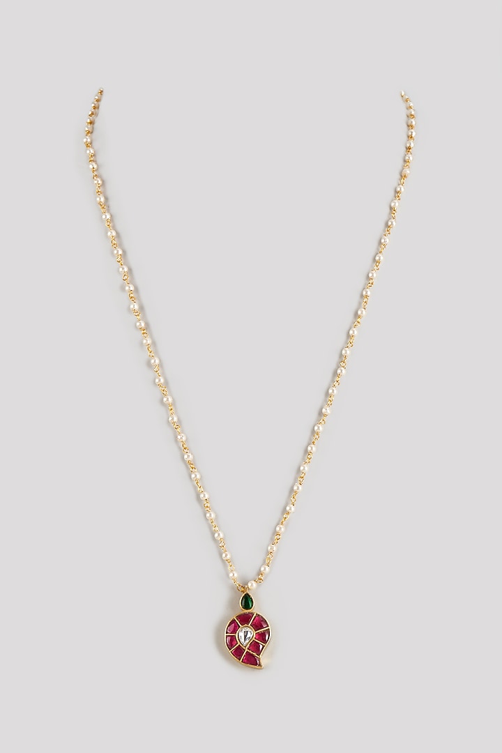 Gold Finish Kundan Polki & Natural Stone Pendant Necklace by Raga Baubles
