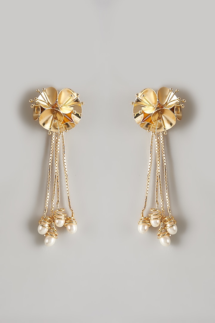 Gold Plated Pearl Floral Dangler Earrings by Raga Baubles