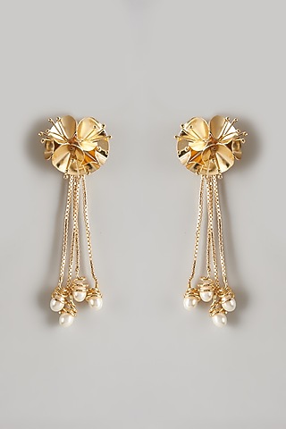 Gold Plated Pearl Floral Dangler Earrings by Raga Baubles