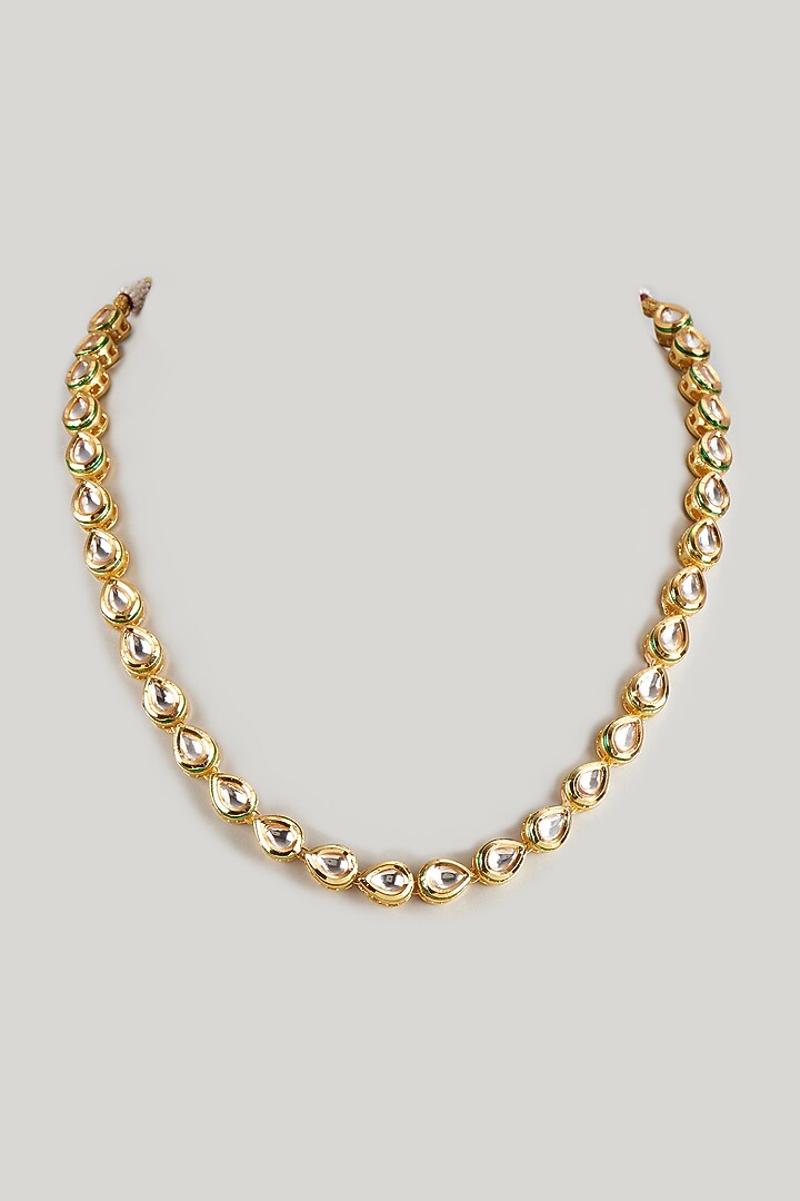 Gold Finish Kundan Polki & Pearl Necklaces (Set of 2) by Raga Baubles at Pernia's Pop Up Shop
