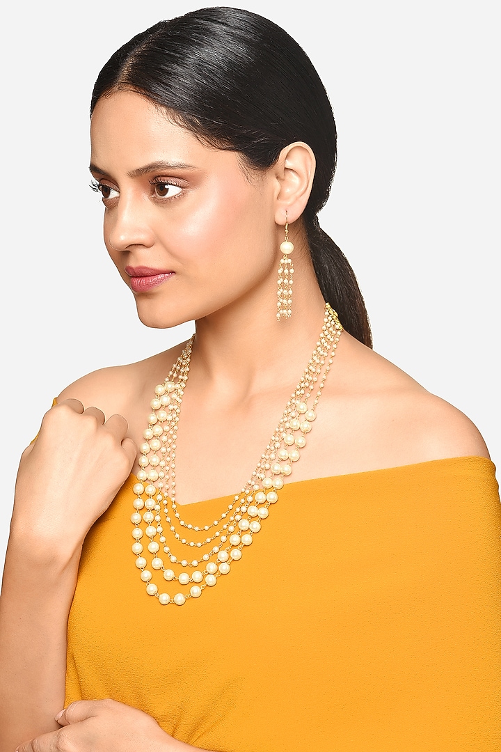 Gold Finish White Pearl Layered Chain Necklace Set by Raga Baubles at Pernia's Pop Up Shop