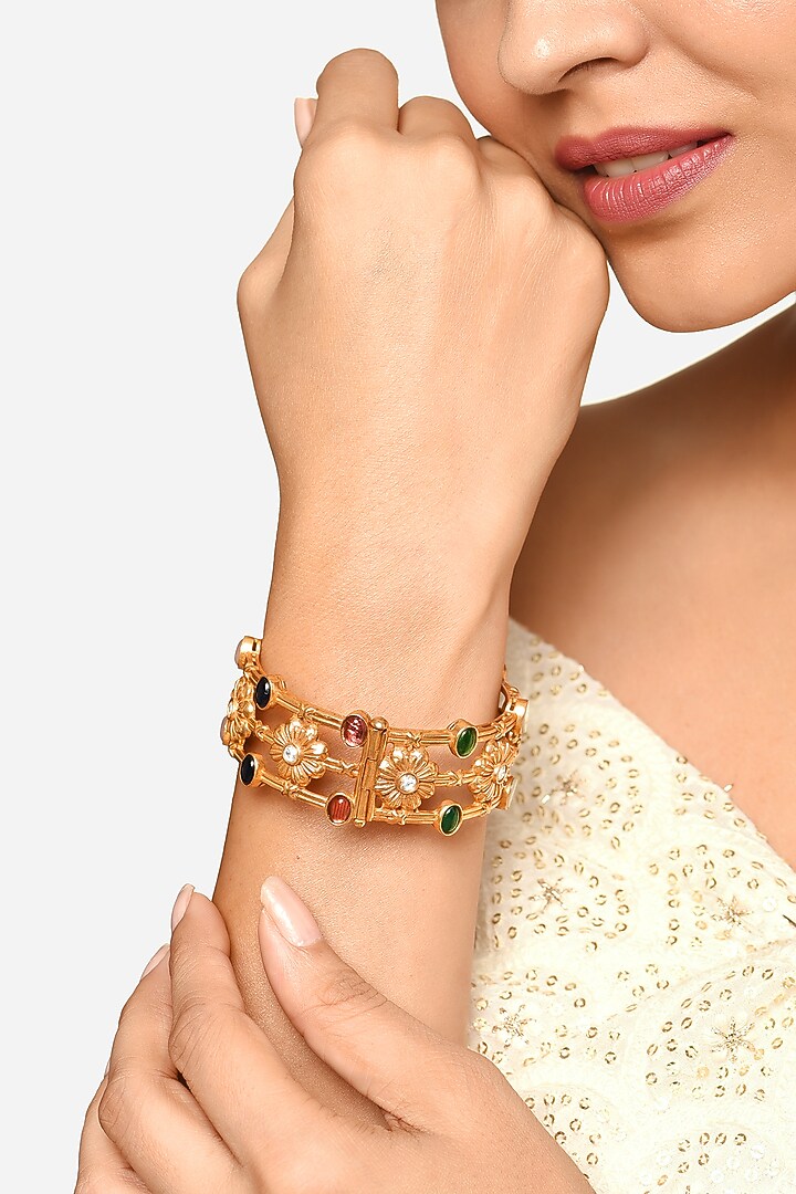 Gold Finish Multi-Colored Stone Bangle by Raga Baubles at Pernia's Pop Up Shop