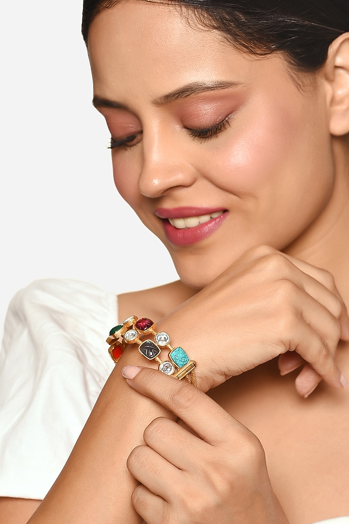 Gold Finish Multi-Colored Navratna Stone Double Layered Bangle by Raga Baubles at Pernia's Pop Up Shop