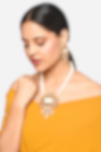 Gold Finish Pearl & Crystal Temple Pendant Necklace Set by Raga Baubles at Pernia's Pop Up Shop