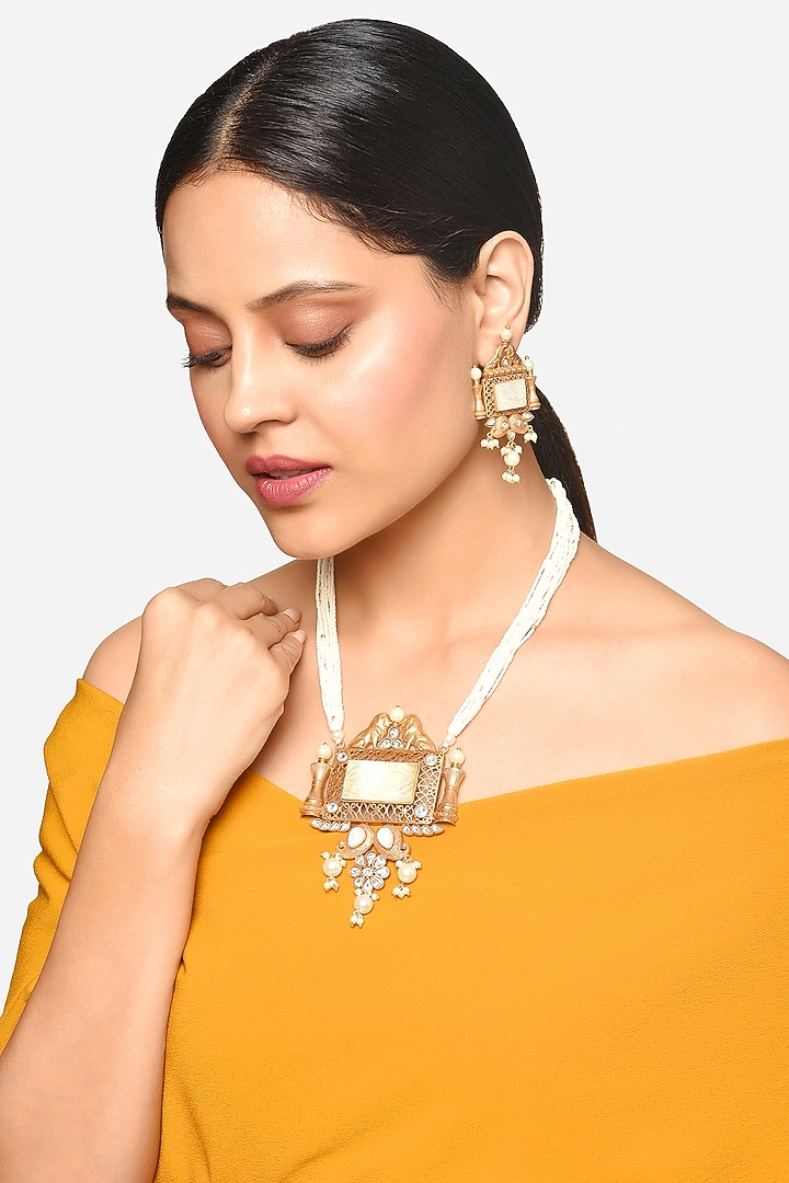 Gold Finish Pearl & Crystal Temple Pendant Necklace Set by Raga Baubles at Pernia's Pop Up Shop
