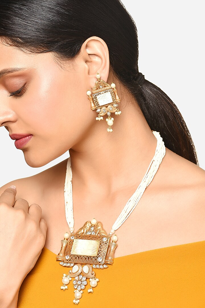 Gold Finish Pearl & Crystal Temple Pendant Necklace Set by Raga Baubles at Pernia's Pop Up Shop