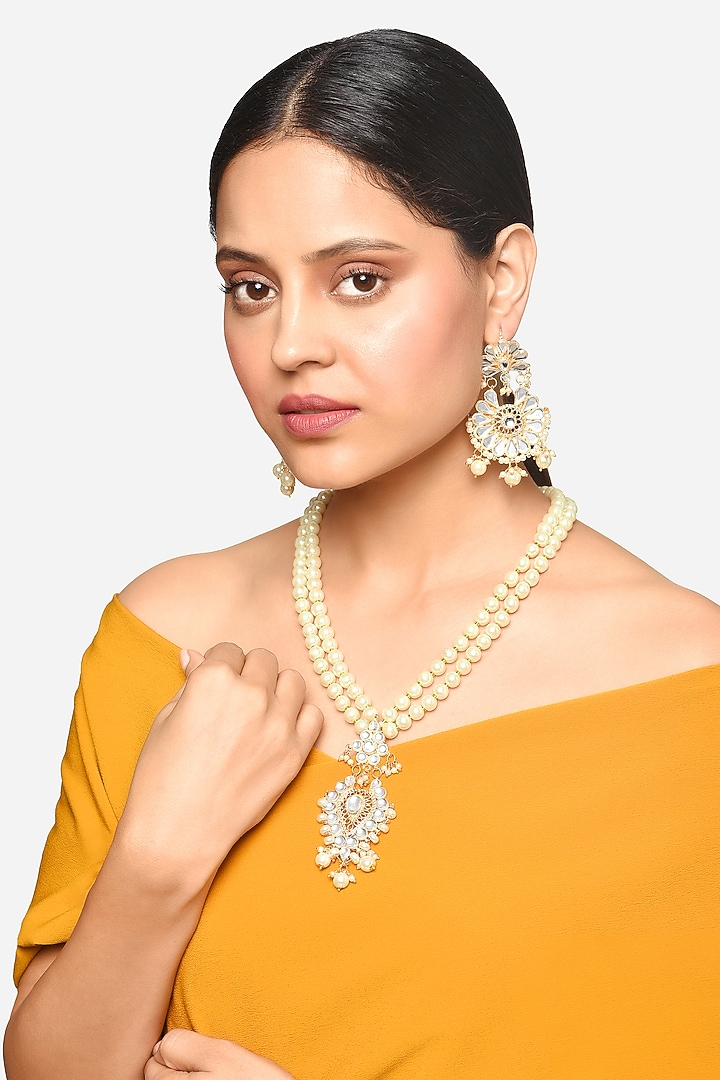 Gold Finish Pearl & Crystal Layered Chain Pendant Necklace Set by Raga Baubles at Pernia's Pop Up Shop
