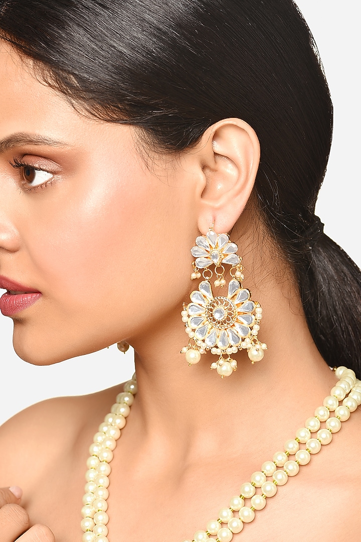 Gold Finish Pearl & Crystal Layered Chain Pendant Necklace Set by Raga Baubles at Pernia's Pop Up Shop