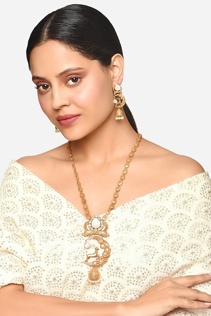 Gold Finish Floral Stone Long Heer Pendant Necklace Set by Raga Baubles at Pernia's Pop Up Shop