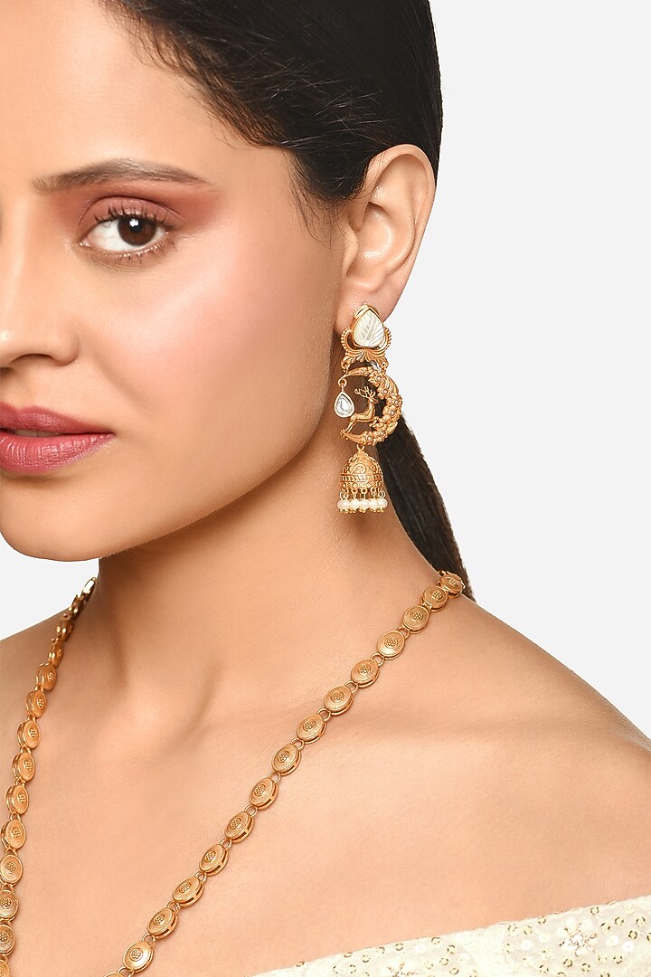 Gold Finish Floral Stone Long Heer Pendant Necklace Set by Raga Baubles at Pernia's Pop Up Shop