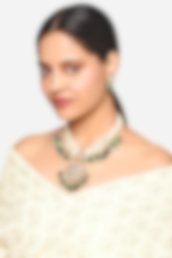 Golf Finish Floral Motifs & Turquoise Stone Pendant Necklace Set by Raga Baubles at Pernia's Pop Up Shop