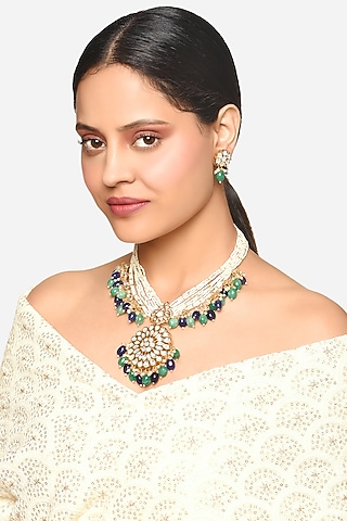 Golf Finish Floral Motifs & Turquoise Stone Pendant Necklace Set by Raga Baubles
